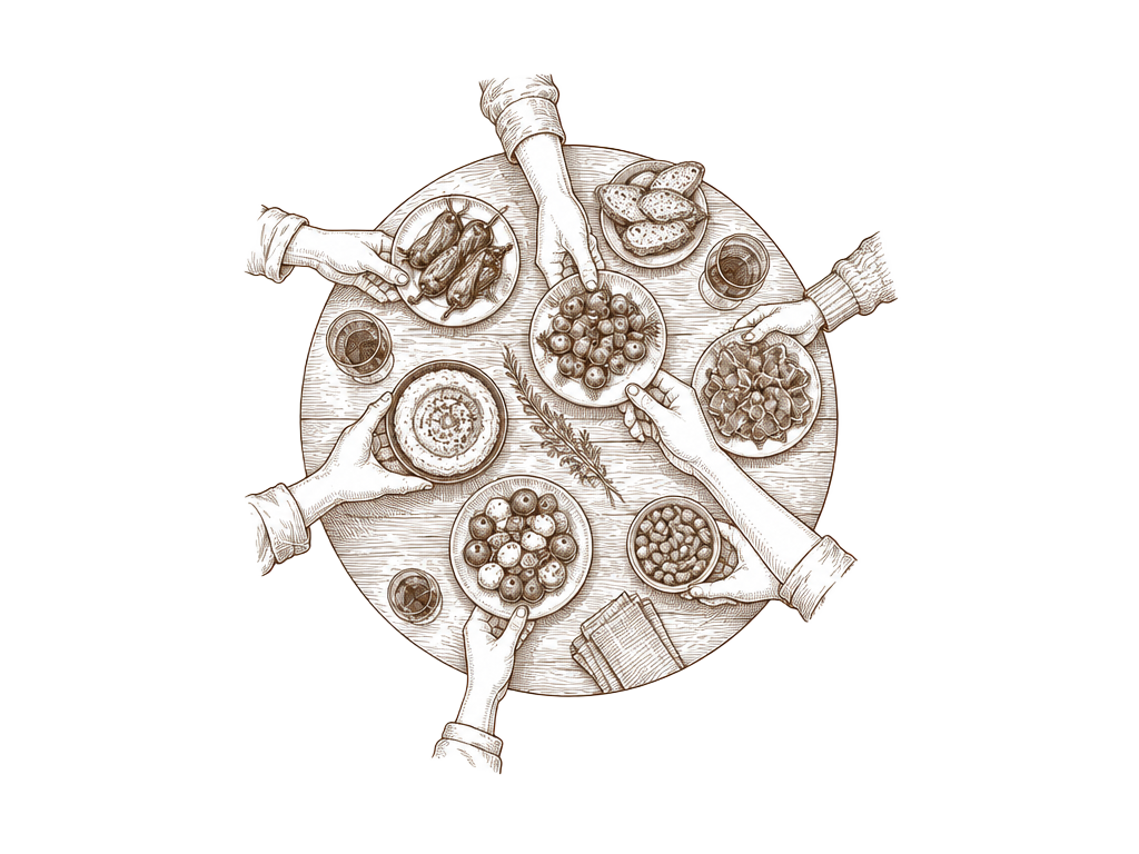 Ilustración original de alimentos para compartir